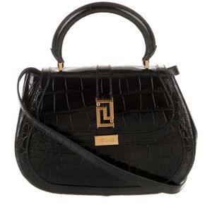 Versace Black Croc-Embossed Satchel with Gold Accents